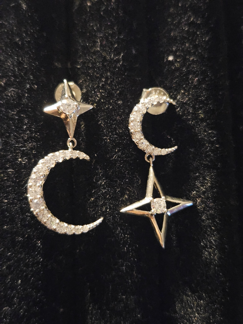 925S Moon & Star Dangle Earrings with Clear Quartz Crystal Accents